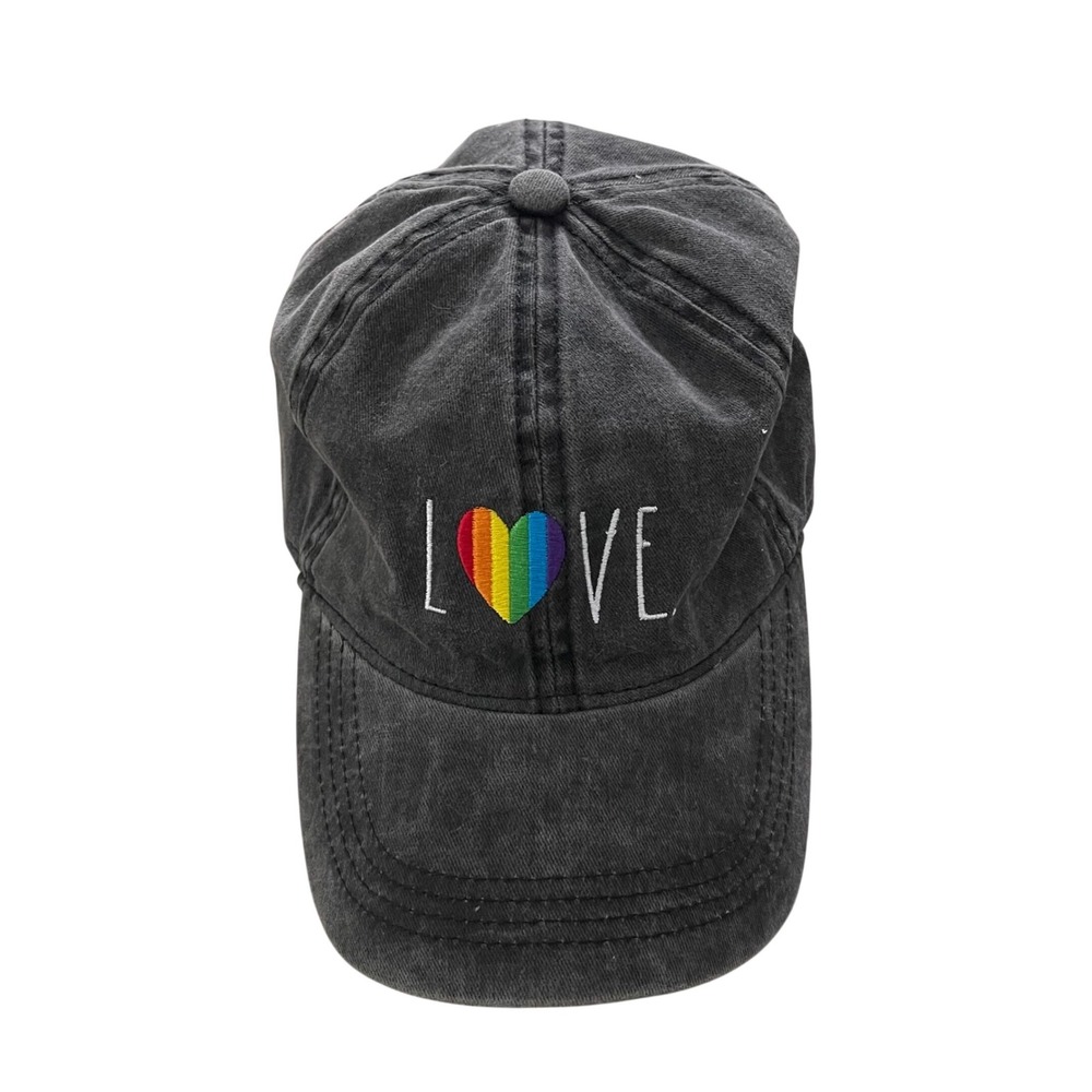 Rae Dunn Love Rainbow Heart Baseball‎ Cap Hat Charcoal Black Washed Cotton